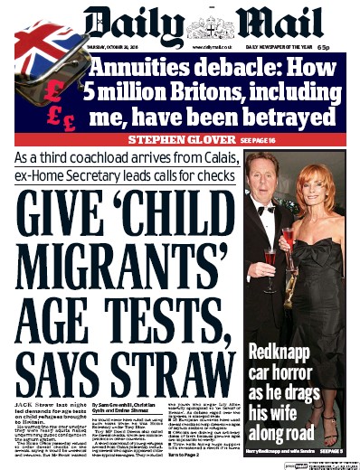 Daily Mail (UK) Newspaper Front Page for 20 October 2016