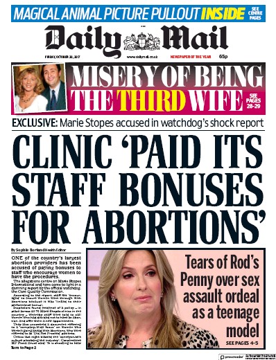 Daily Mail (UK) Newspaper Front Page for 20 October 2017