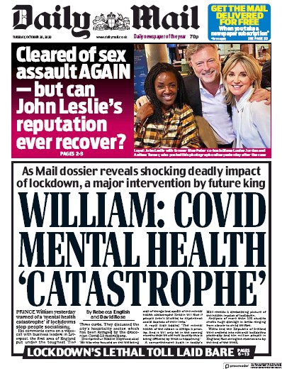 Daily Mail Newspaper Front Page for 20 October 2020
