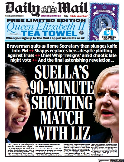 Daily Mail Newspaper Front Page for 20 October 2022