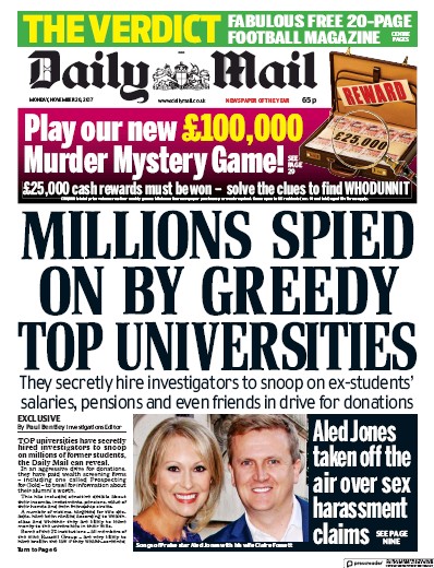 Daily Mail Newspaper Front Page for 20 November 2017
