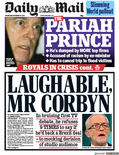Daily Mail Newspaper Front Page for 20 November 2019
