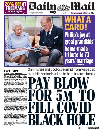 Daily Mail (UK) Newspaper Front Page for 20 November 2020