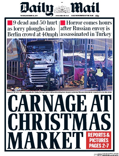 Daily Mail Newspaper Front Page for 20 December 2016