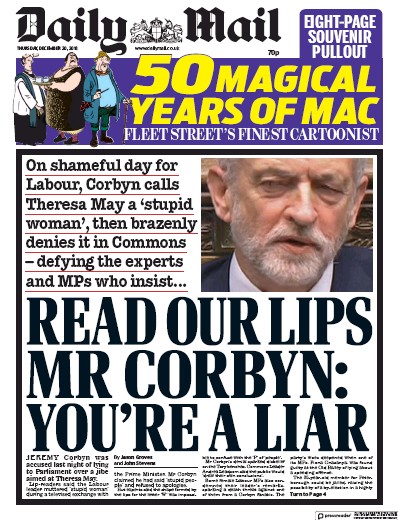 Daily Mail Newspaper Front Page for 20 December 2018