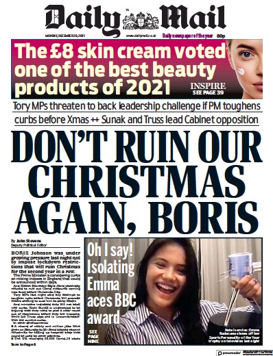 Daily Mail (UK) Newspaper Front Page for 20 December 2021