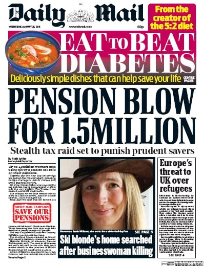 Daily Mail Newspaper Front Page for 20 January 2016