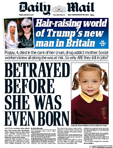 Daily Mail Newspaper Front Page for 20 January 2017