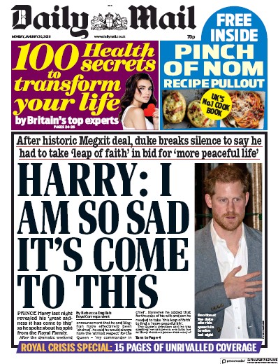 Daily Mail (UK) Newspaper Front Page for 20 January 2020