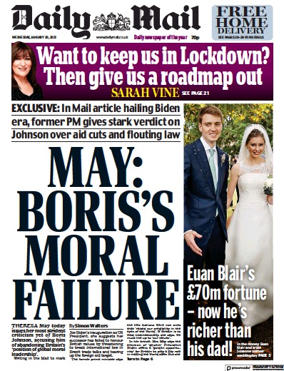 Daily Mail (UK) Newspaper Front Page for 20 January 2021
