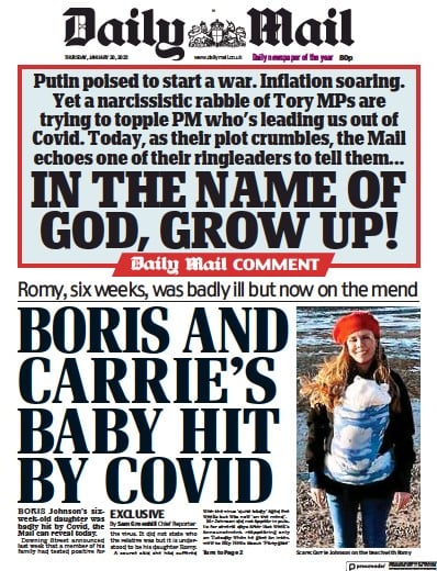 Daily Mail (UK) Newspaper Front Page for 20 January 2022