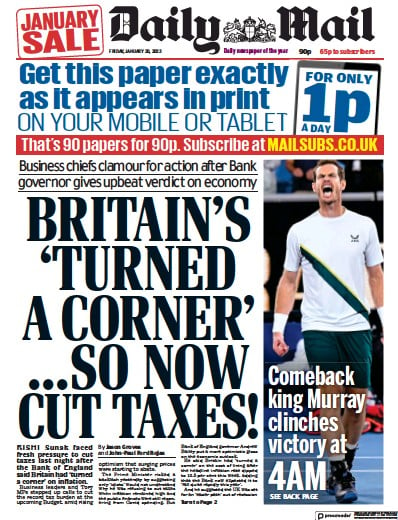 Daily Mail (UK) Newspaper Front Page for 20 January 2023