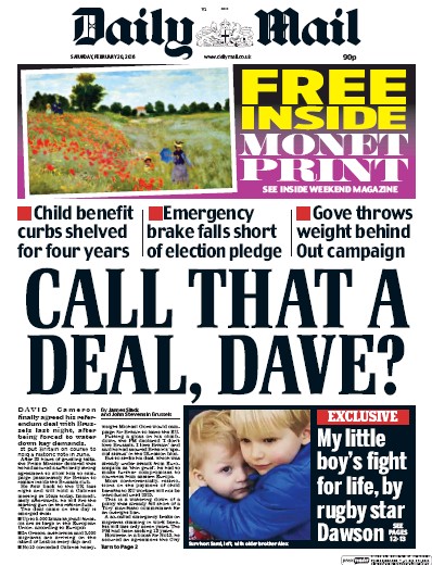 Daily Mail Newspaper Front Page for 20 February 2016