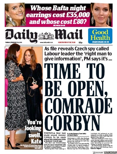 Daily Mail Newspaper Front Page for 20 February 2018