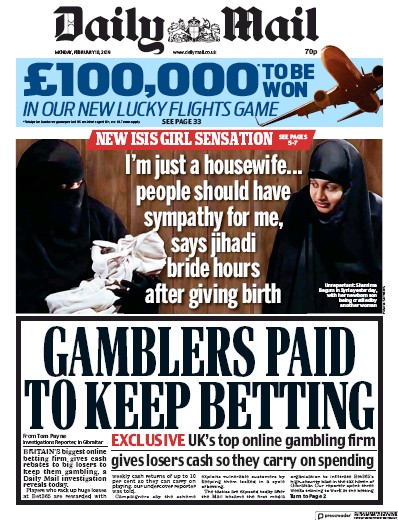Daily Mail (UK) Newspaper Front Page for 20 February 2019