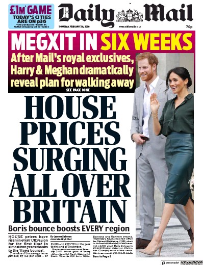 Daily Mail Newspaper Front Page for 20 February 2020