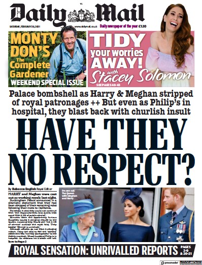 Daily Mail (UK) Newspaper Front Page for 20 February 2021
