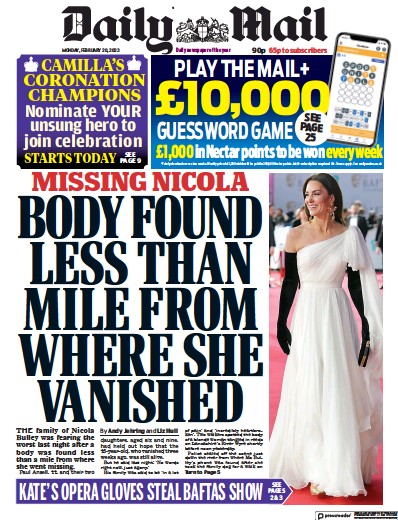 Daily Mail (UK) Newspaper Front Page for 20 February 2023