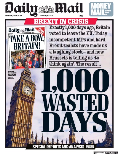 Daily Mail (UK) Newspaper Front Page for 20 March 2019