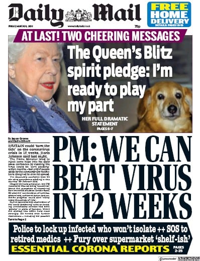 Daily Mail Newspaper Front Page for 20 March 2020
