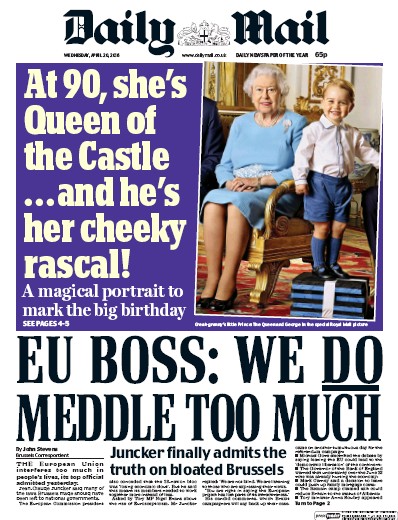 Daily Mail (UK) Newspaper Front Page for 20 April 2016