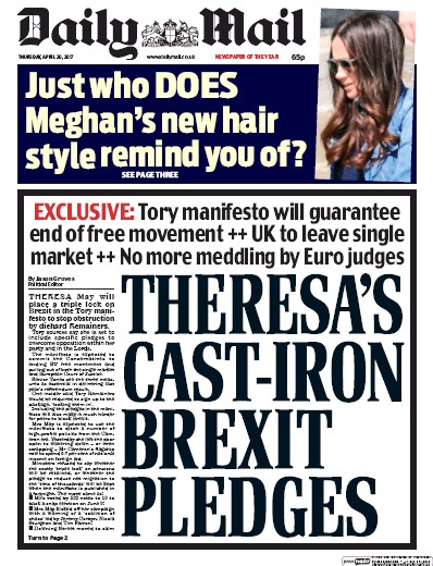 Daily Mail Newspaper Front Page for 20 April 2017