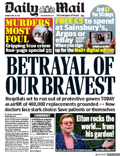 Daily Mail Newspaper Front Page for 20 April 2020