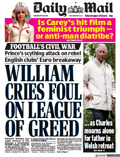 Daily Mail (UK) Newspaper Front Page for 20 April 2021