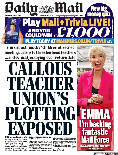 Daily Mail (UK) Newspaper Front Page for 20 May 2020