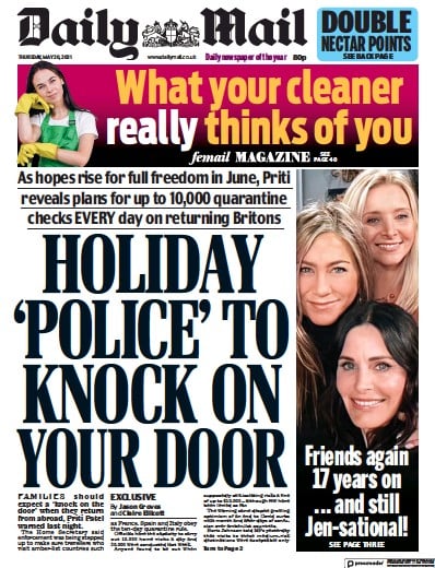 Daily Mail (UK) Newspaper Front Page for 20 May 2021