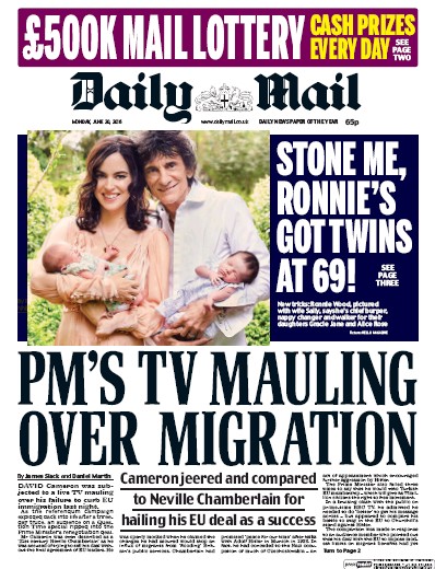 Daily Mail (UK) Newspaper Front Page for 20 June 2016
