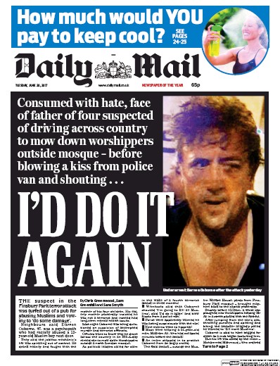 Daily Mail Newspaper Front Page for 20 June 2017