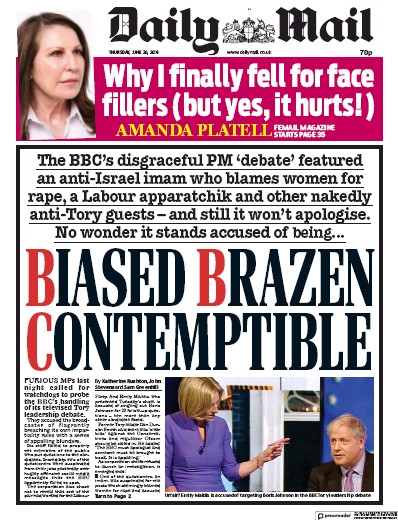 Daily Mail Newspaper Front Page for 20 June 2019
