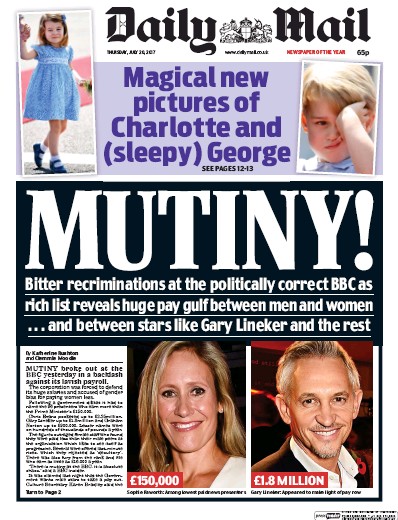 Daily Mail Newspaper Front Page for 20 July 2017