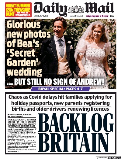 Daily Mail Newspaper Front Page for 20 July 2020