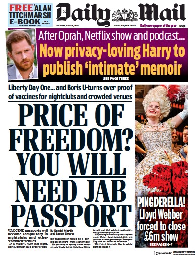 Daily Mail (UK) Newspaper Front Page for 20 July 2021