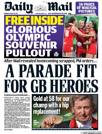 Daily Mail (UK) Newspaper Front Page for 20 August 2016