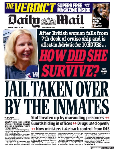 Daily Mail Newspaper Front Page for 20 August 2018
