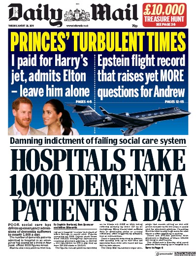 Daily Mail Newspaper Front Page for 20 August 2019