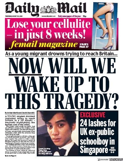 Daily Mail Newspaper Front Page for 20 August 2020