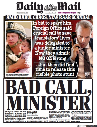 Daily Mail (UK) Newspaper Front Page for 20 August 2021