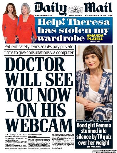 Daily Mail Newspaper Front Page for 20 September 2016