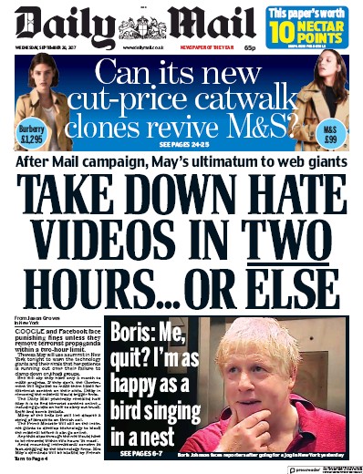 Daily Mail Newspaper Front Page for 20 September 2017