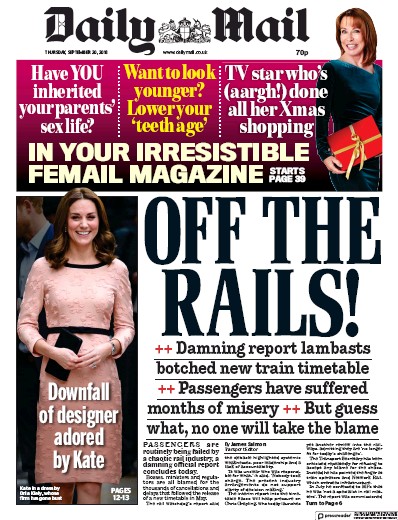 Daily Mail (UK) Newspaper Front Page for 20 September 2018