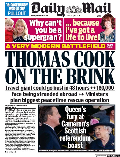 Daily Mail Newspaper Front Page for 20 September 2019