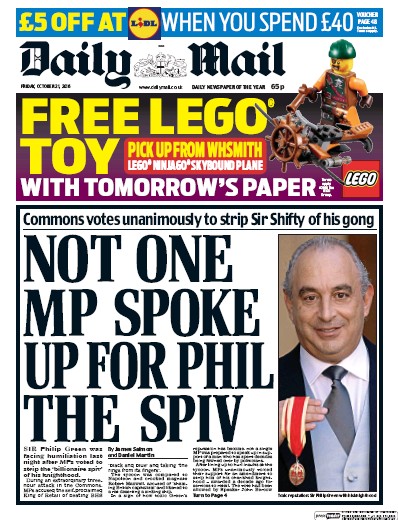 Daily Mail Newspaper Front Page for 21 October 2016
