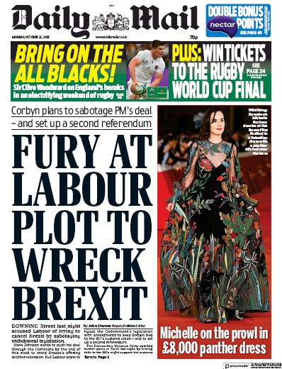 Daily Mail Newspaper Front Page for 21 October 2019