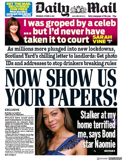 Daily Mail Newspaper Front Page for 21 October 2020