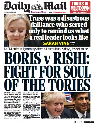 Daily Mail Newspaper Front Page for 21 October 2022