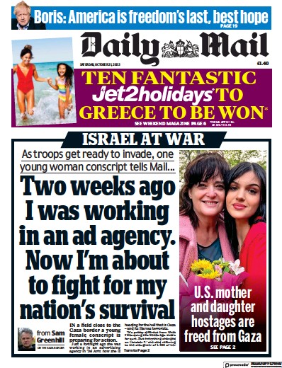 Daily Mail (UK) Newspaper Front Page for 21 October 2023